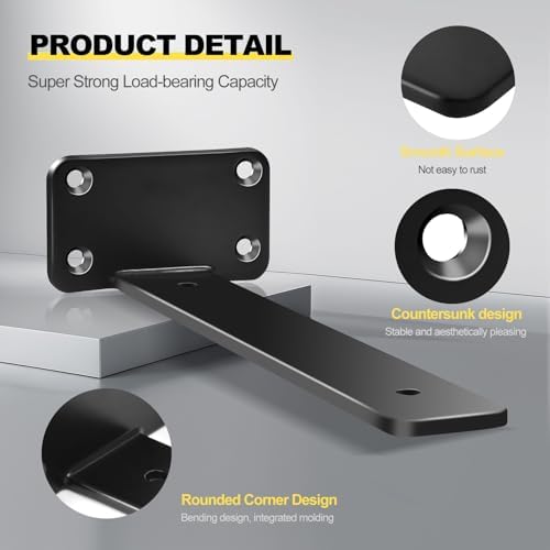2 Pack - 7 inch Black Hidden L Shelf Bracket (1/5 Inch Thicked) Iron Floating Shelf Brackets Rustic Industrial Metal Bra