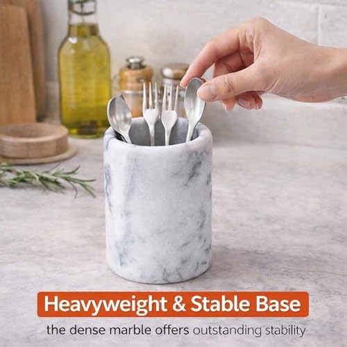Creative Home White Marble Pen Holder, Heavy Stone Pencil Cup Organizer for Desk