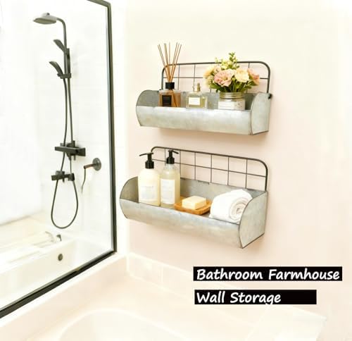 ShabbyDecor Galvanized Metal Farmhouse Wall Storage Holder Set of 2