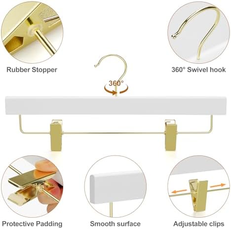 TOPIA HANGER White Wooden Pants Hangers with Gold Clip, 20 Pack Skirt Short Trousers Jeans Slacks Hangers with 360 Swivel Hook and Adjustable Clip with Rubber Padded for Closet, CT50WG20