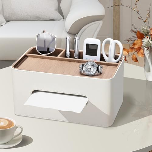 PU Leather Tissue Box Cover Rectangular with Storage Organizer, Multifunctional Remote Control Holder, Desk Organizer fo