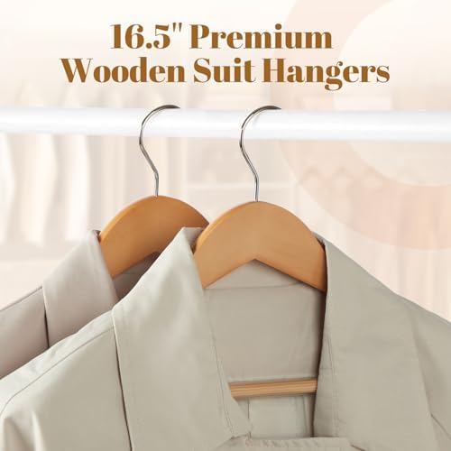 HOUSE DAY Wooden Suit Hangers 6 Pack,Heavy Duty Wide Shoulder Wooden Hangers, Solid Wood Coat Hanger with Non-Slip Pant Bar for Petite Adults, Teens and Small Suits, Coats, Jackets (Natural,16.5'')