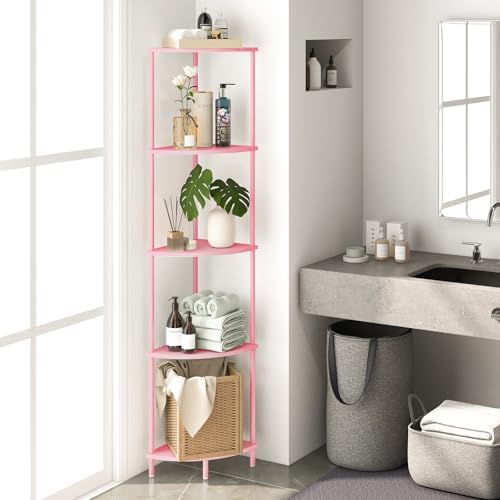 Yoobure Corner Shelf Stand, 5-Tier Bookshelf, 65" Tall Shelves for Bedroom, Living Room, Narrow Display Bookcase, Pink w