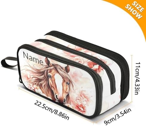 Custom Brown Horse Flower Pencil Case Box Boys Girls Personalized Name Large Pencil Pouch Stationery Pen Bag Organizer for Kids Adults School Office