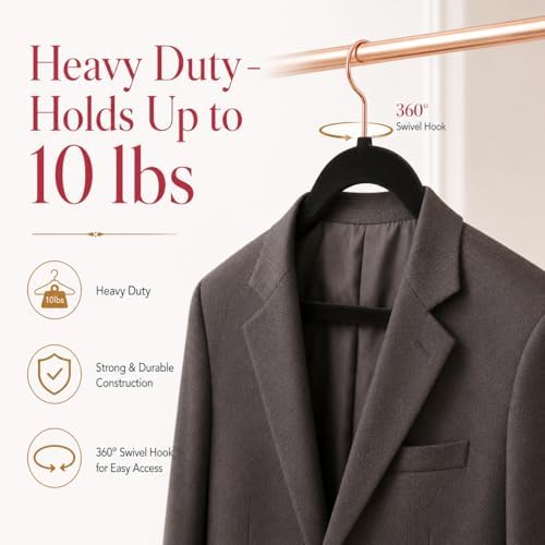 Smartor Black Velvet Hangers 50 Pack, Non Slip Rose Gold Hook Felt Hangers