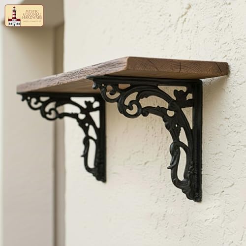 Mystic Colonial Cast Iron Shelf Brackets, Victorian Gothic Decorative Wall Shelf Supports, 8.75 x 7.5 Inch, Heavy-Duty R