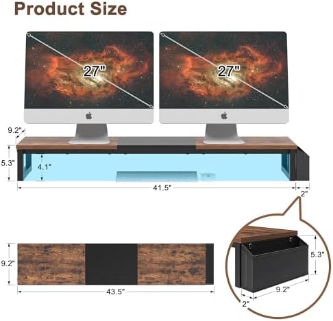 LAND·VOI Dual Monitor Stand Riser,41.5'' Long Monitor Stand for 2 Monitors, Wood Computer Riser with Pocket, Desktop Ora