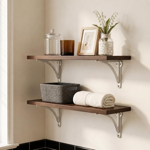 Khtumeware 100% Solid Brass Decorative Shelf Brackets, 4.5-inch Wall-Mounted Shelving Brackets, 2-Pack Brushed Satin Nic