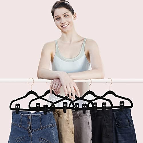 TOFIIGREM Black Velvet Hangers Clips 50 PCS, Non-Slip Velvet Clips for Suit Pant Skirt Hanger, Strong Finger Clips Perfect for Thin Flocking Hangers
