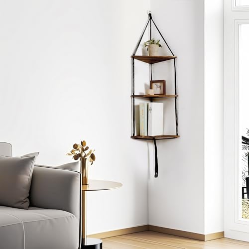 Artilady Corner Shelf Macrame Wall Hanging, 3 Tier Black Boho Storage Decor