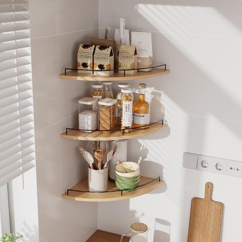 JJL Corner Shelf Wall Mounted, 12 Inches 3-Tier Floating Corner Shelf, Fan-Shaped Rustic Wood Decor with Fence, Natural