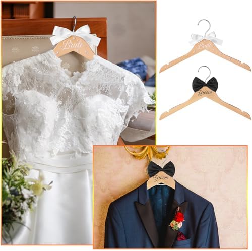 Beeveer 2 Pcs Bride Groom Wooden Hangers Bow Tie Wedding Gift,Fresh