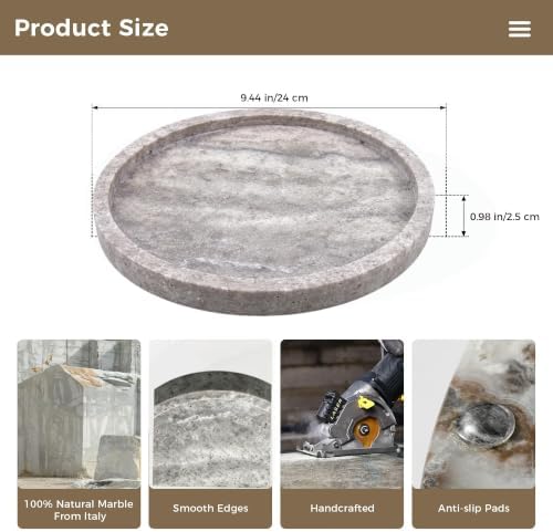 Round Marble Vanity Tray, Gray Travertine,Natural Marble Stone Decorative Tray for Counter, Bathroom, Kitchen, Dresser,