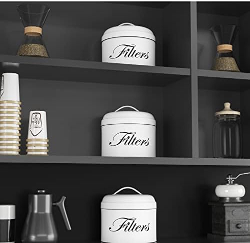 Coffee Filter Holder, White Basket Coffee Filter Storage with Lid, Round CoffeeFilter Container for Counter, Rustic Farm