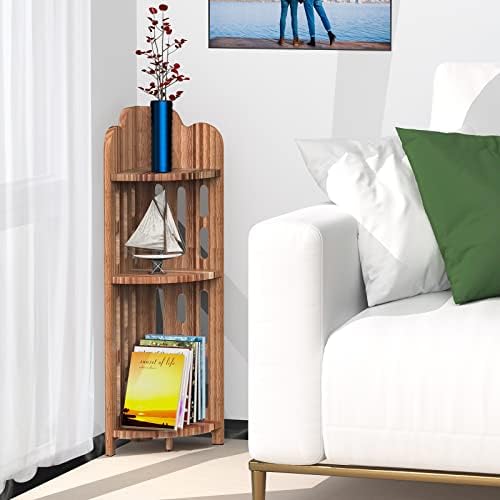 Meangood Bathroom Corner Shelf Stand, 3 Tier Pine Wood Display Shelf for Narrow Space, Shower Corner Shelf, Plant Stand
