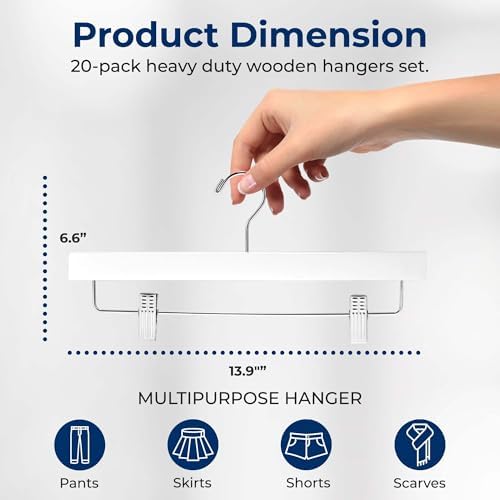 SereneLife Premium Wooden Pants Hangers 20 Pack, Solid 14" Wood Skirt Hangers with 2-Adjustable Clips, Heavy Duty & Anti Slip Wood Bottom Hanger for Slacks, Jeans, Trousers, Shorts (White)