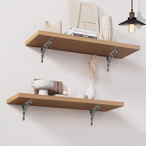 Khtumeware Shelf Bracket 12 Inch, Decorative Brackets for Shelving, Heavy Duty Vintage Brushed Antique Brass Ornate Shel