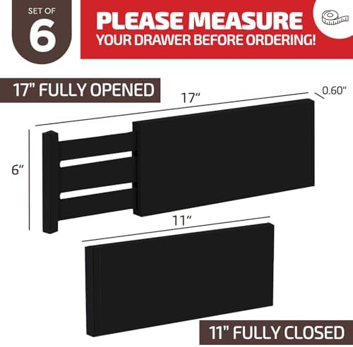 6 Pack Black Drawer Dividers - 6 Inch High for Deep Drawers, Adjustable 11.5 to 17 Inch Expandable Kitchen Drawer Organizer, Spring Loaded Dresser Separator for Clothes, Bedroom, Bathroom, Office