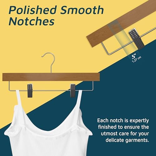 Natural Color Wooden Pants Hangers 30 Pack, Lotus Wood Hanger with Adjustable Non-Slip Clips, Heavy Duty 10 lb Capacity, 360° Swivel Hook, Slim, Space-Saving Design for Slacks, Jeans, Skirts