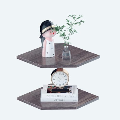 JJL Corner Shelf, 12 Inch Corner Shelf Wall Mounted with Wire Hole, 2 Tier 13.3 Inch Deep Wooden Corner Hanging Shelves