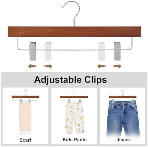 TOPIA HANGER Walnut Wood Pants Hangers, Wooden Skirt Short Jeans Trouser Hanger with Smooth Surface 360° Swivel Hook Anti Rust 2 Adjustable Clips, 20 Pack, CT10PWA20