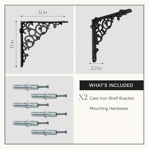 NACH Decorative Shelf Brackets, 2 Pack of 12 x 2 x 12 inch, Black Cast Iron Shelf Support Bracket - Metal Shelf Brackets