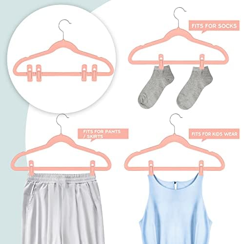 Tinfol Pink Velvet Hanger Clips Pack of 24, Pants Velvet Clips, Premium Large Opening Clothes Pin, Strong Finger Flocked Clip Perfect for Use with Slim-line Clothes Velvet Hangers
