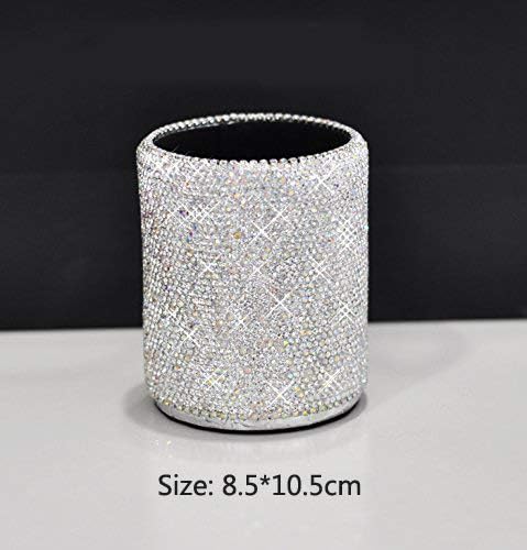 crystal Pencil Pen Pot Holder Box Bling Rhinestone Pen organizer Holder Cosmetic Pen Container (Silver, Round)