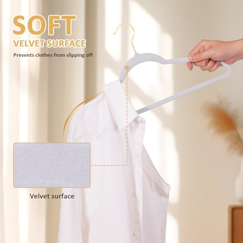 Premium Velvet Clothes Hangers Pack of 60, Heavy Duty, Non Slip Velvet Suit Hangers Heavy Duty with Gold Hook, 0.2 Inch Slim Space Saving Hangers for Suits, Pants, Shirts, and Dress (White)