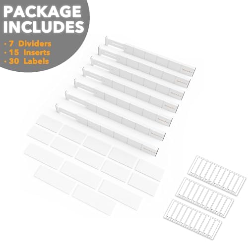 SpaceAid Bamboo Drawer Dividers with Inserts and Labels, Kitchen Adjustable Drawer Organizers, Expandable Organization for Home, Office, Dressers, 7 Dividers with 15 Inserts (17"-22" White)