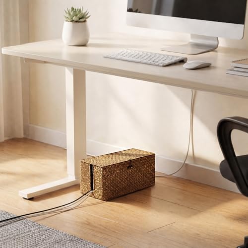 BTSKY Woven Cable Management Box with Lid, Seagrass Cord Organizer with 2 Open Slots for Power Strips & USB Hubs, Under
