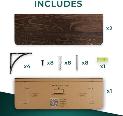 Reinforced Steel Bracket Brown Shelves for Wall - Easy to Install, Template and Video Included - Wall Mounted Rustic Woo