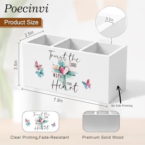 Pink Heart Cross Christian Pen Holder for Home Office Desk, Faith Based Gifts, Trust the Lord with All Your Heat Bible Verse Wooden Box Sign Pencil Holder for Desk Shelf Organizer