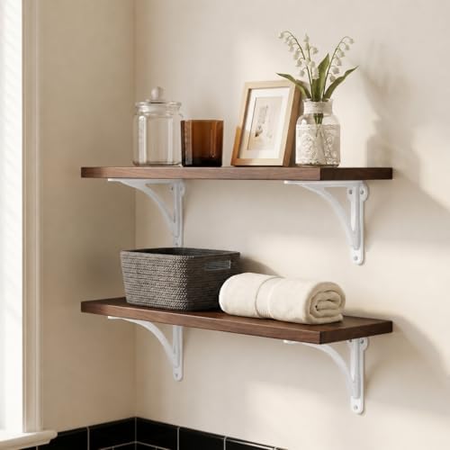 Khtumeware 100% Solid Brass Decorative Shelf Brackets, 8-inch Wall-Mounted Shelving Brackets, 2-Pack White Vintage Metal
