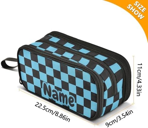 Custom Black Blue Checkered Pattern Pencil Case Box Boys Girls Personalized Name Large Pencil Pouch Stationery Pen Bag Organizer for Kids Adults School Office