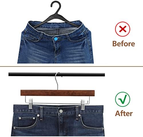 AMKUFO 20pcs Wooden Pants Hangers Solid Pants Hangers with Adjustable Clips 14 Inch Walnut Wood Skirt Hangers Trousers Bottom Hanger with Non-Slip Clips and 360° Swivel Hook