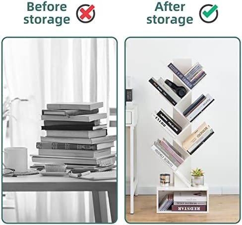 Yoobure Tree Bookshelf, 6 Tier Small Book Shelf Retro Floor Standing Bookcase, Wood Book Storage Organizer Rack, Tall Na