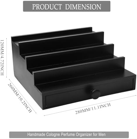 4 Tier Men's Cologne Organizer, Black Wooden Display Stand with Drawer