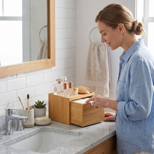Bamboo Disposable Face Towel Holder Compatible with Clean Towel XL, Wooden Clean Towels Xl Container with Drawer, Facial