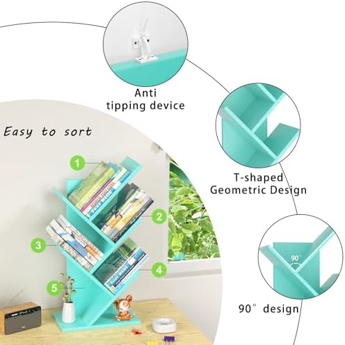 SHEEPAM Small Tree Book Shelf,5 Tier Bookshelf, Wood Desktop Bookcase