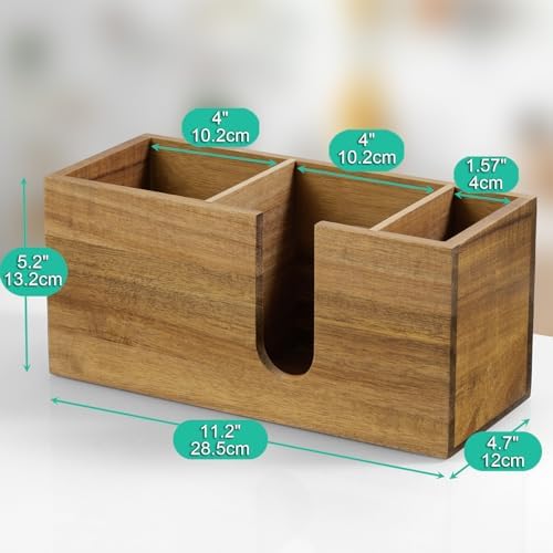 ALELION Large Acacia Wood Coffee Cup Organizer for Disposable Cups, Lids and Stir Sticks - 3-Compartment Countertop Cup