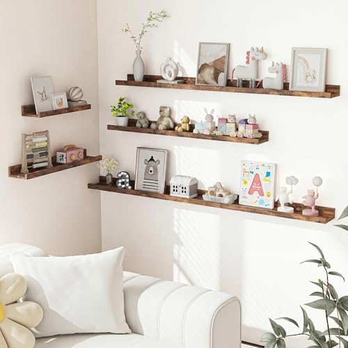 Heimlove Picture Ledge Shelf, Floating Shelves Set of 2, 55.12Inches Picture Shelf for Wall with Ledge, Kids Bookshelf Wall Mounted for Living Room Bedroom Decor Books Photo Frames - Rustic Brown