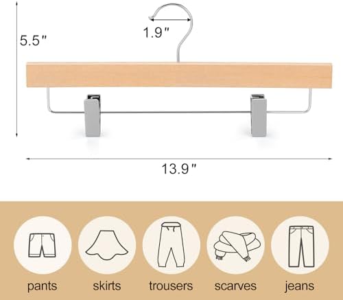 TOPIA HANGER Lotus Wood Pants Hangers, Unfinished Wooden Skirt Short Jeans Trouser Hanger with 360° Swivel Hook Anti Rust 2 Adjustable Clips, 20 Pack, CT10PN20