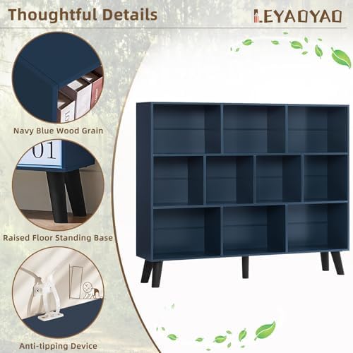 LEYAOYAO 10 Cube Bookshelf,Mid-Century Modern Bookcase with Legs,Dark Blue