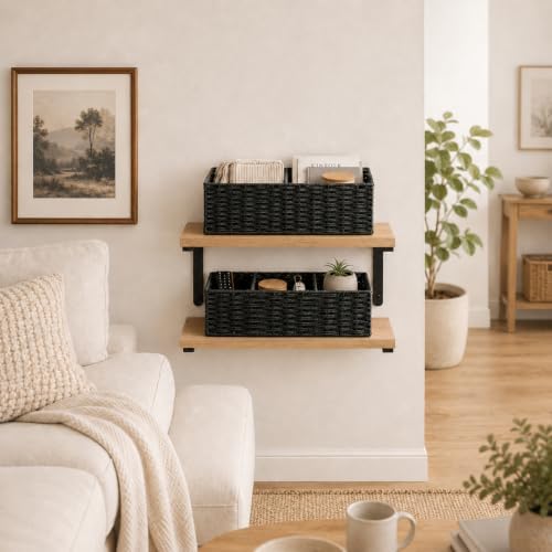 Wicker Toilet Paper Storage Basket Set of 2 for Shelves, Black