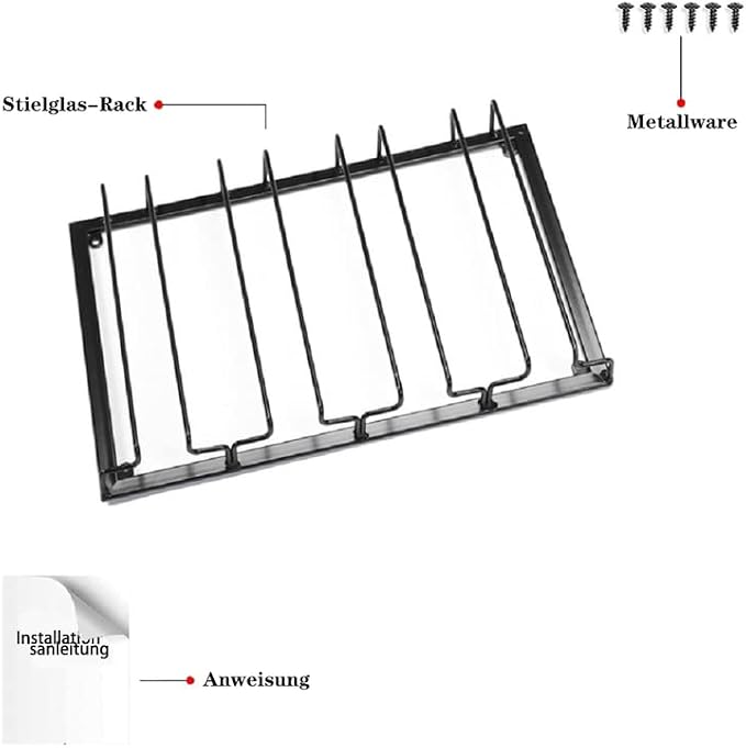 FOMANSH Wine Glass Rack - Under Cabinet Stemware Wine Glass Holder Glasses Storage Hanger 2 Pack Metal Organizer for Bar Kitchen 4 Rows Black