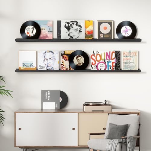 FLYJOE Picture Ledge Shelf, Floating Shelves Set of 2, Solid Ash Wood 72'' Long Large Nursery Book Shelves for Toys Storage, Kids Bookshelf for Living Room Bedroom Decor Books Photo Frames, Black