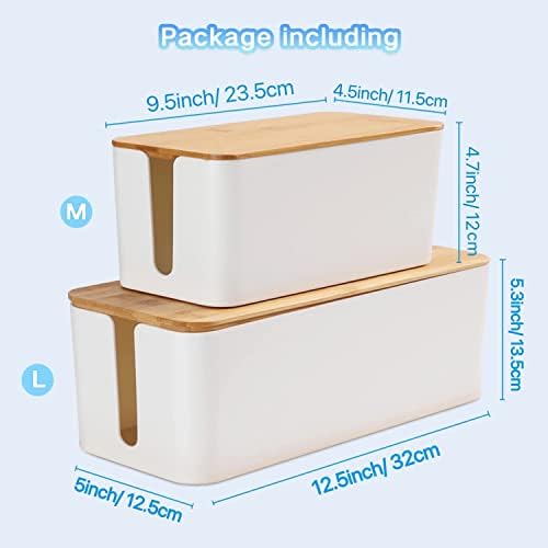 Cable Management Box Organizer, Set of 2 Bamboo Lid Large Storage Wire Holder to Conceal Hide Surge Protector, Power Str