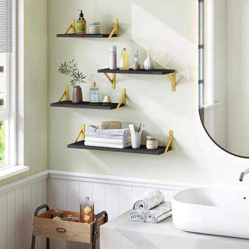 YGEOMER 4 Different Sizes Floating Shelves for Wall Decor, Black and Gold