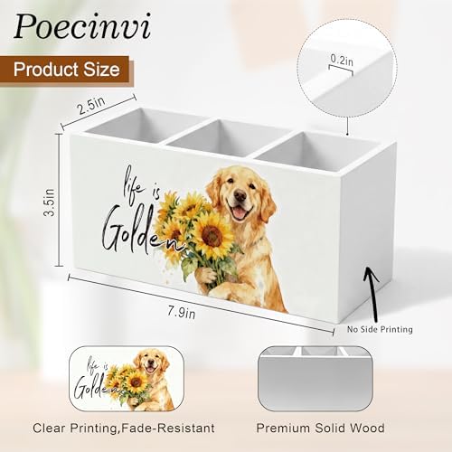 Sunflower Golden Retriever Pen Holder for Home Office Desk, Golden Retriever Gifts for Women, Life Is Golden Humorous Wooden Box Sign Pencil Holder for Desk Shelf Organizer
